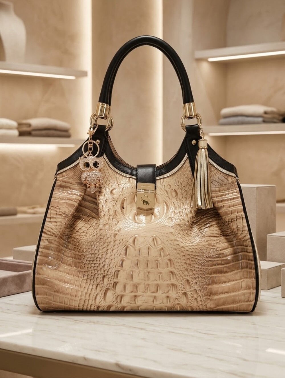 Brahmin Croc Embossed Leather Satchel Champagne Gold Black Crossbody